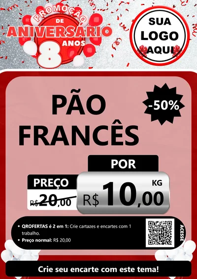Modelo de Cartaz para Cartaz A4 Vertical com o tema Promoção de Aniversário - 8 Anos para Padaria