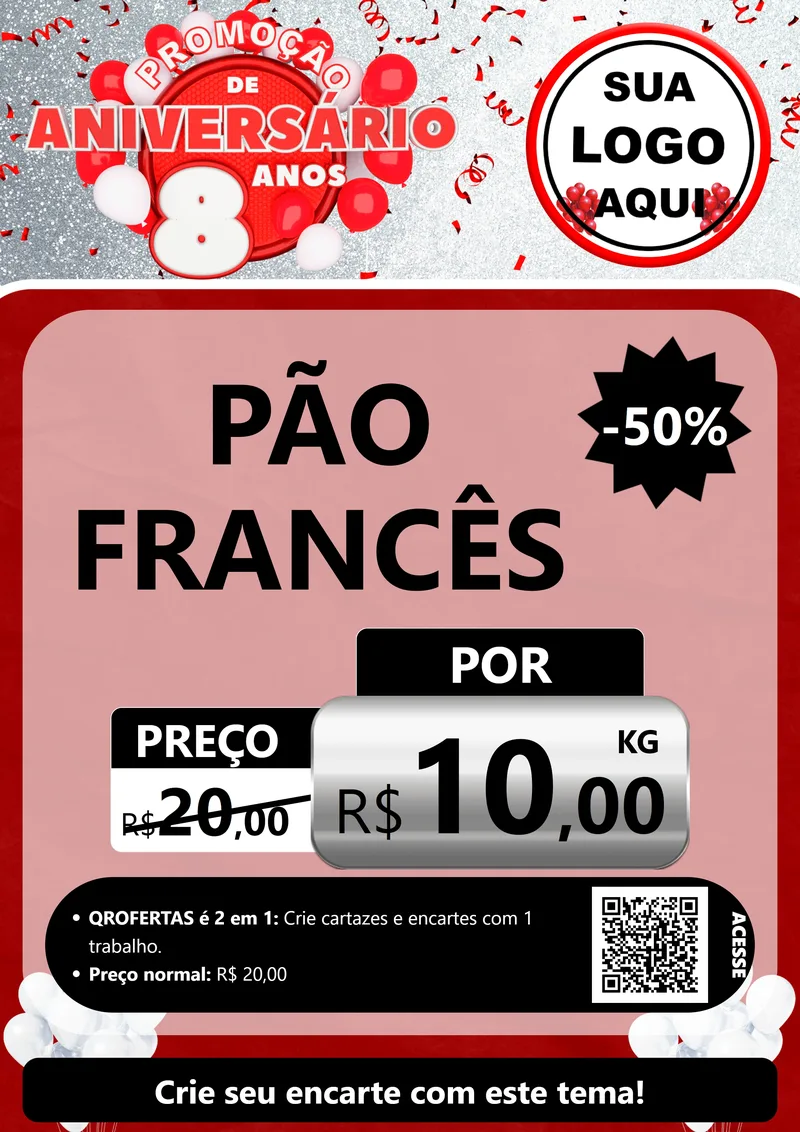 Modelo de Cartaz para Cartaz A4 Vertical com o tema Promoção de Aniversário - 8 Anos para Padaria
