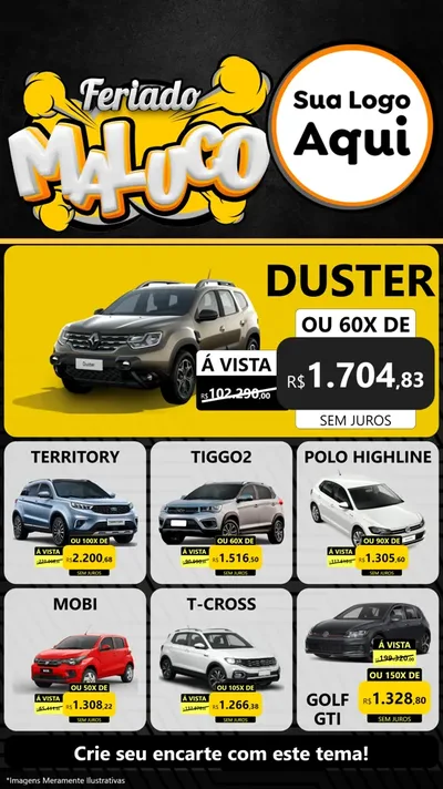 Modelo de Rede Social para Stories com o tema Feriado Maluco para Concessionaria de Carros