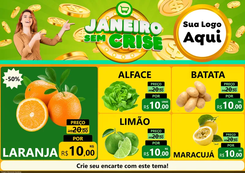 Modelo de Encarte para Encarte A4 Horizontal com o tema Janeiro Sem Crise para Hortifrúti
