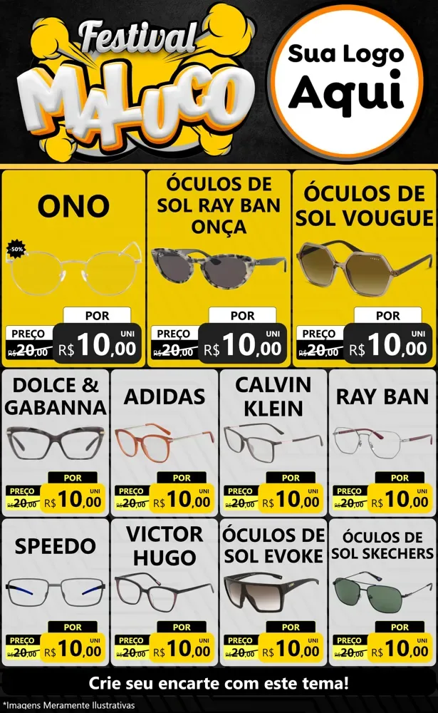 Modelo de Encarte para Encarte Grande com o tema Festival Maluco para Óticas