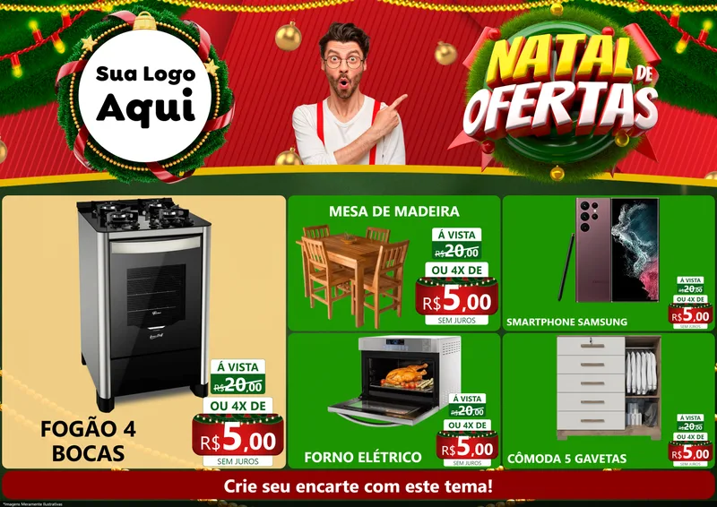 Modelo de Encarte para Encarte A4 Horizontal com o tema Natal de Ofertas para Móveis e Eletro