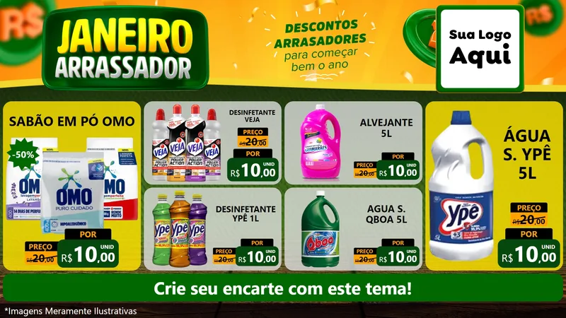 Modelo de TV para TV Horizontal com o tema Janeiro Arrasador para Produtos de Limpeza