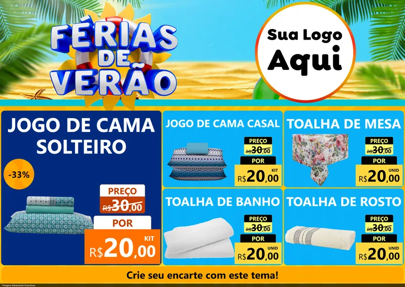 Modelo de Encarte para Encarte A4 Horizontal com o tema Férias de Verão para Cama, Mesa e Banho