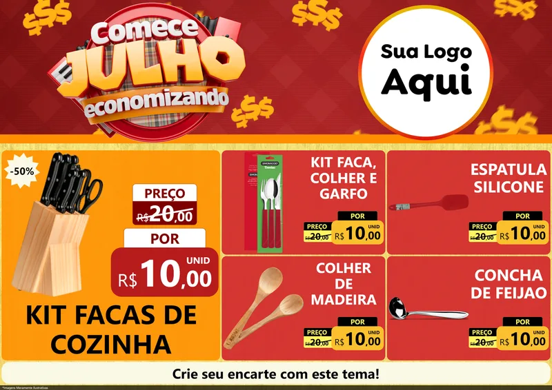 Modelo de Encarte para Encarte A4 Horizontal com o tema Comece Julho Economizando para Utilidades Domésticas