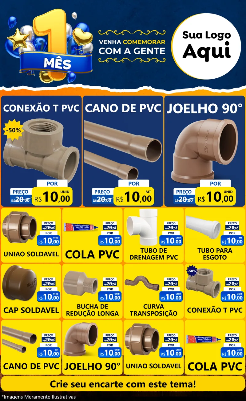 Modelo de Encarte para Encarte Grande com o tema Um Mês de Aniversário para Tubos e conexões
