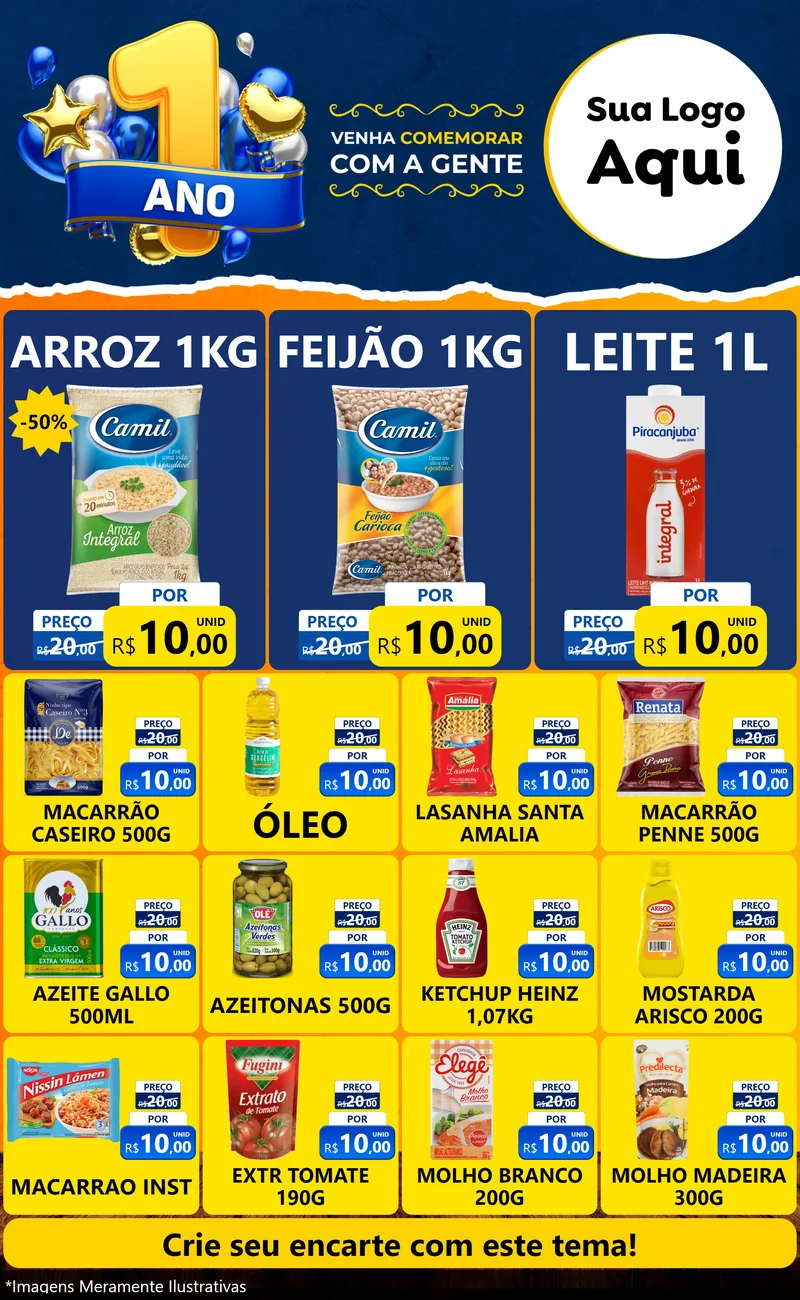 Modelo de Encarte para Encarte Grande com o tema Um Ano de Aniversário para Supermercado