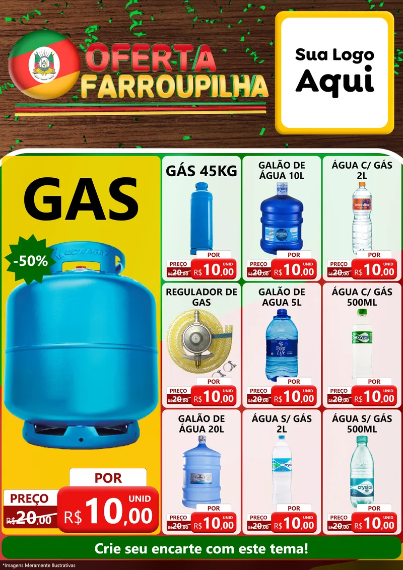 Modelo de Encarte para Encarte A4 Vertical com o tema Oferta Farroupilha para Água e gás
