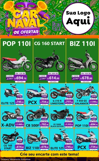 Modelo de Encarte para Encarte Grande com o tema Carnaval de Ofertas para Concessionaria de Motos