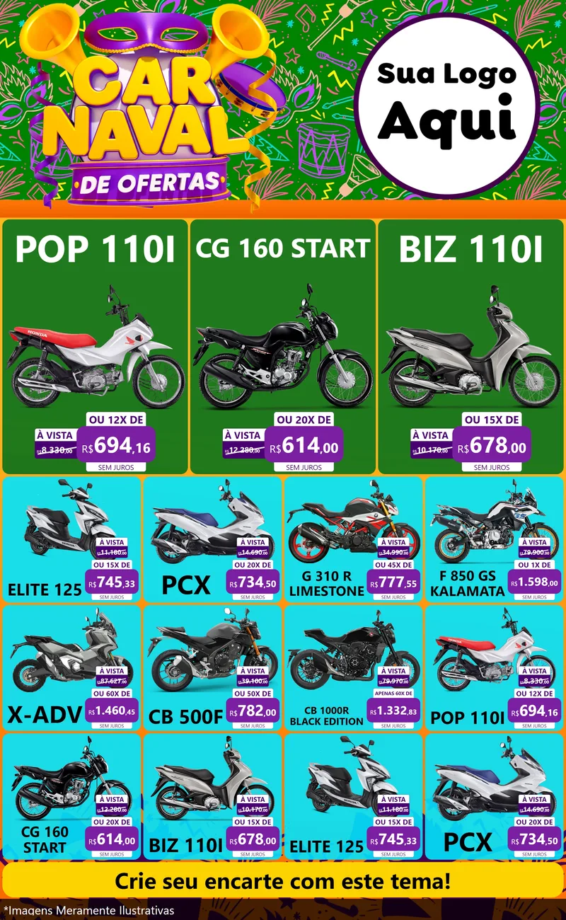 Modelo de Encarte para Encarte Grande com o tema Carnaval de Ofertas para Concessionaria de Motos