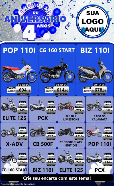 Modelo de Encarte para Encarte Grande com o tema Promoção de Aniversário - 4 Anos para Concessionaria de Motos