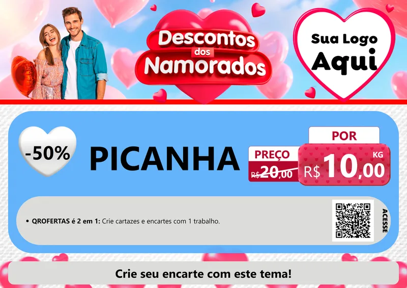 Modelo de Cartaz para Cartaz A4 Horizontal com o tema Descontos dos Namorados para Açougue