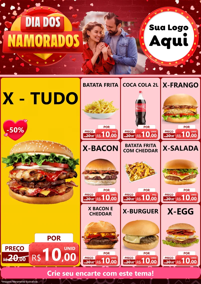 Modelo de Encarte para Encarte A4 Vertical com o tema Dia Dos Namorados para Hamburgueria