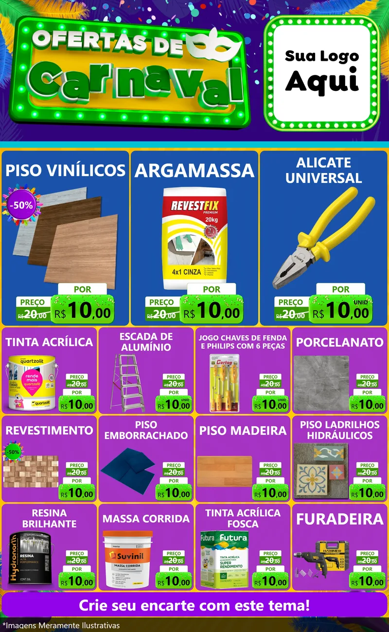 Modelo de Encarte para Encarte Grande com o tema Ofertas de Carnaval para Material para Construção