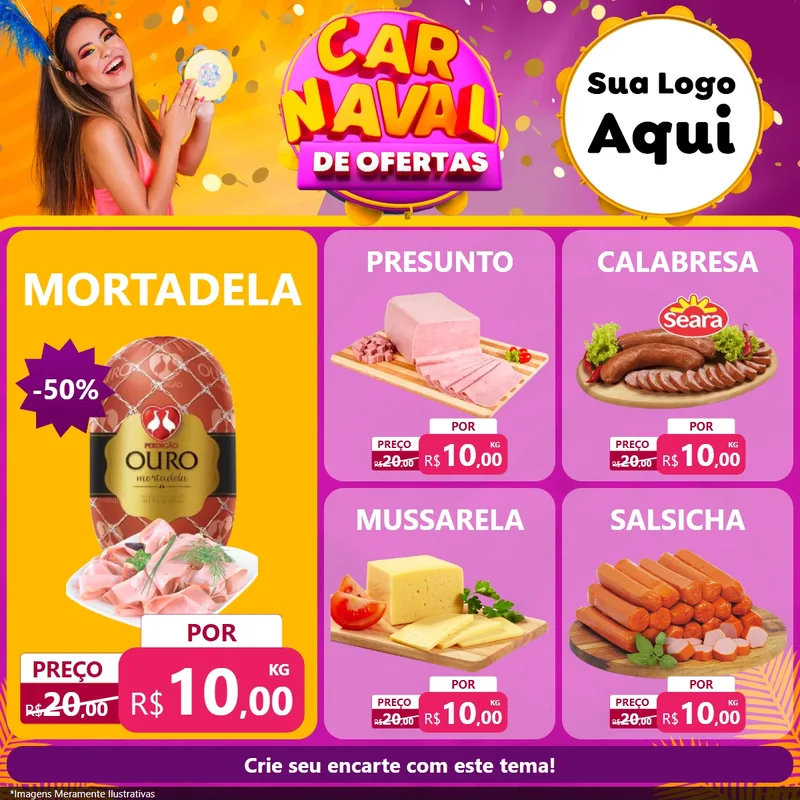 Modelo de Rede Social para Feed Facebook com o tema Carnaval de Ofertas para Frios e Laticínios