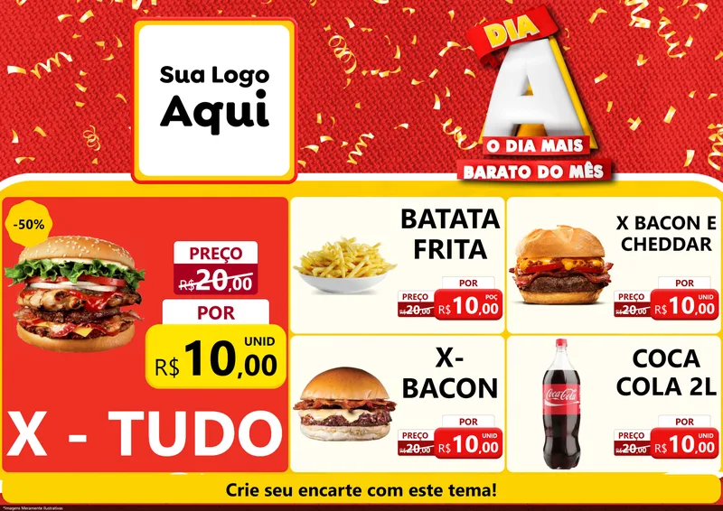 Modelo de Encarte para Encarte A4 Horizontal com o tema Dia A o Dia Mais Barato do Mês para Hamburgueria