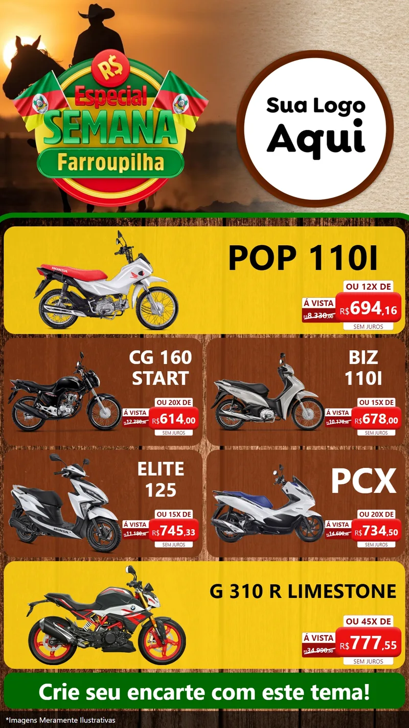 Modelo de TV para TV Vertical com o tema Especial Semana Farroupilha para Concessionaria de Motos