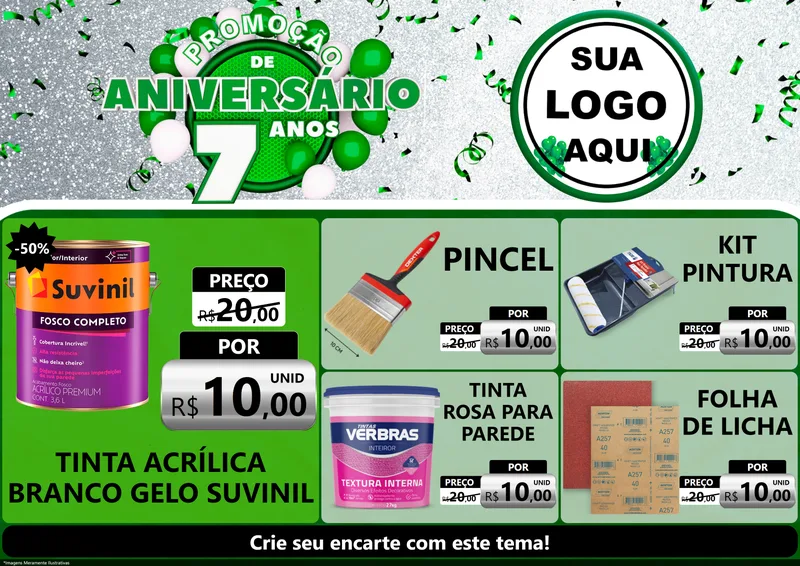 Modelo de Encarte para Encarte A4 Horizontal com o tema Promoção de Aniversário - 7 Anos para Tintas e Ferramentas