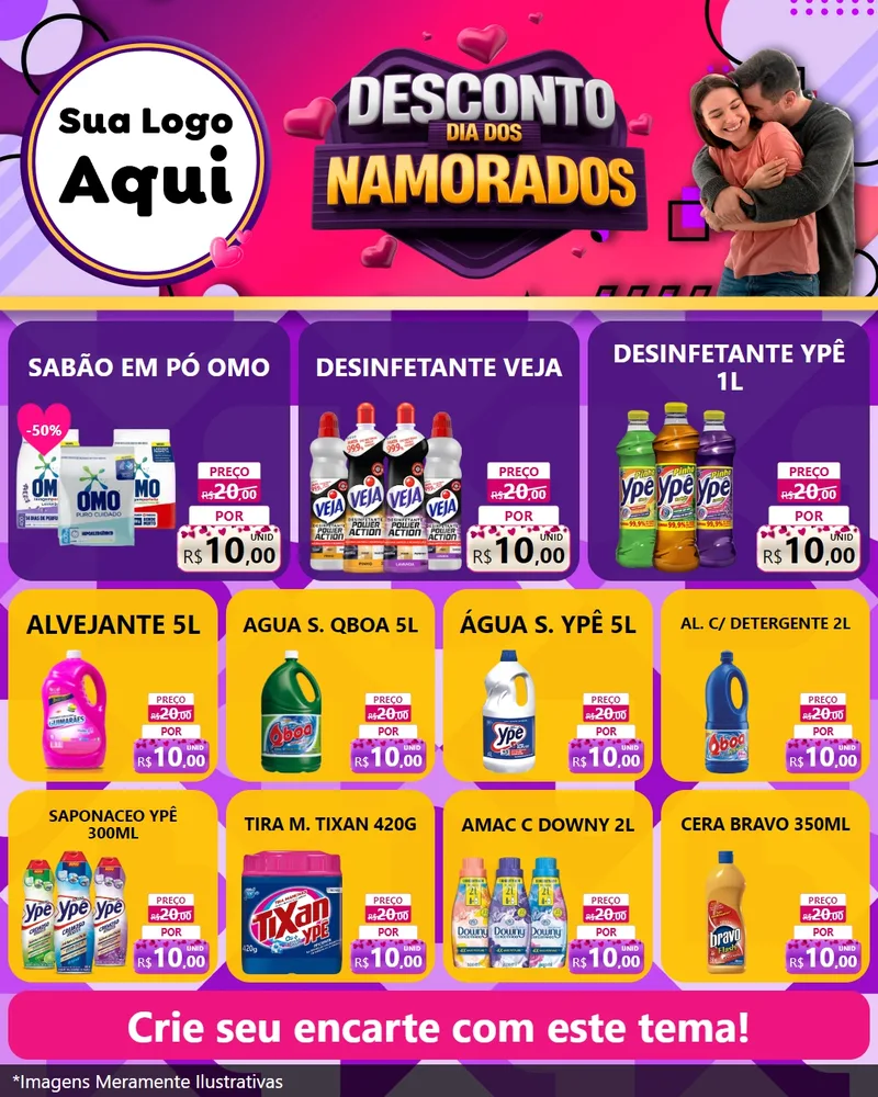 Modelo de Rede Social para Feed Instagram com o tema Desconto Dia dos Namorados para Produtos de Limpeza