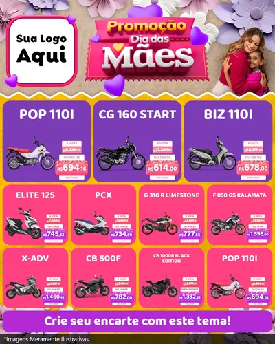 Modelo de Rede Social para Feed Instagram com o tema Promoção Dia das Mães para Concessionaria de Motos