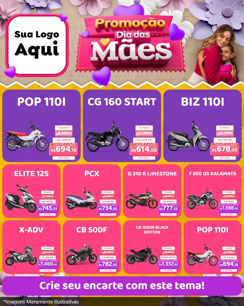 Modelo de Rede Social para Feed Instagram com o tema Promoção Dia das Mães para Concessionaria de Motos