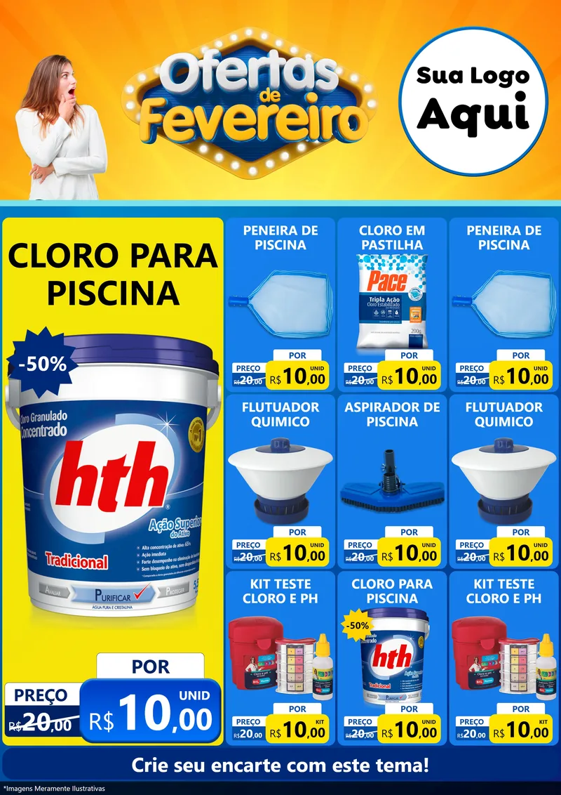 Modelo de Encarte para Encarte A4 Vertical com o tema Ofertas de Fevereiro para Produtos para Piscina