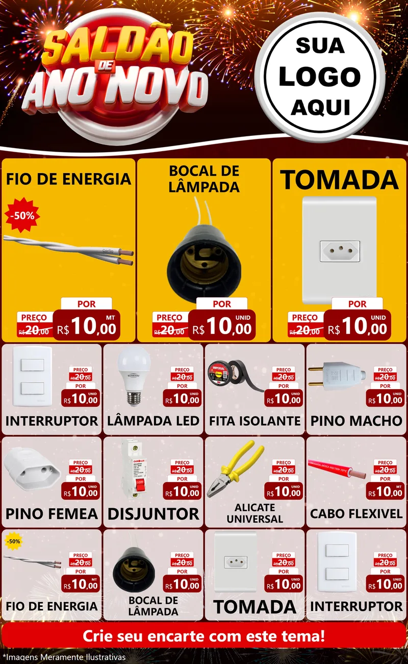 Modelo de Encarte para Encarte Grande com o tema Saldão de Ano Novo para Materiais Elétricos