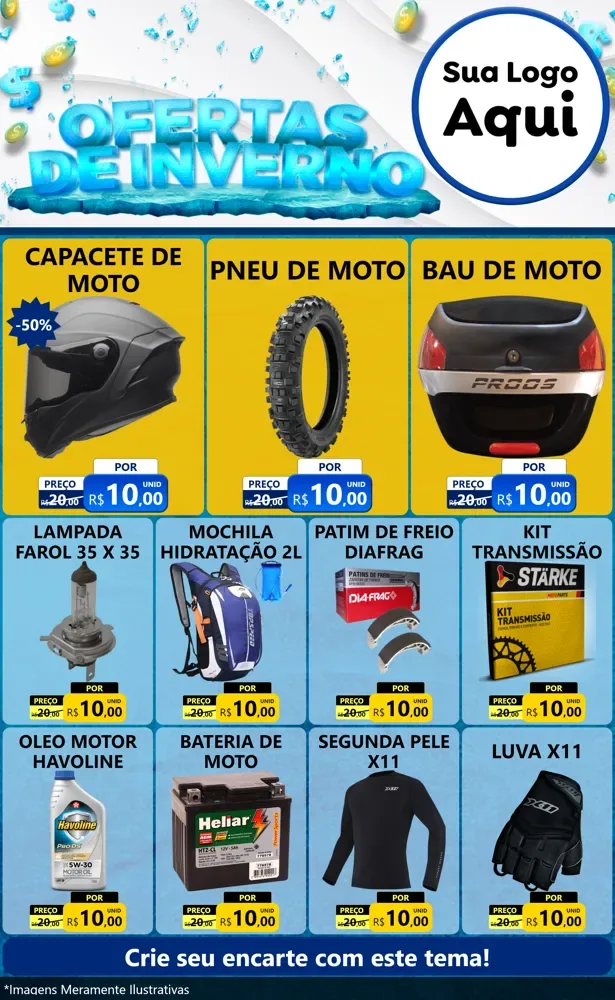 Modelo de Encarte para Encarte Grande com o tema Ofertas de Inverno para Moto peças