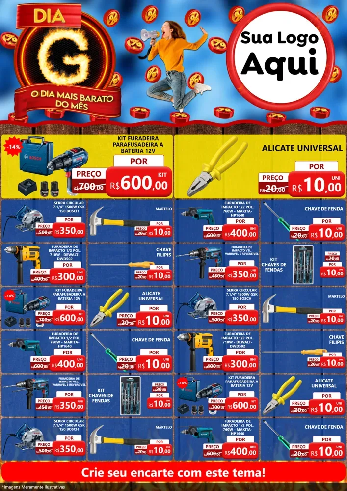 Modelo de Encarte para Encarte A4 Vertical com o tema Dia G - O Dia Mais Barato Do Mês para Maquinas e Ferramentas