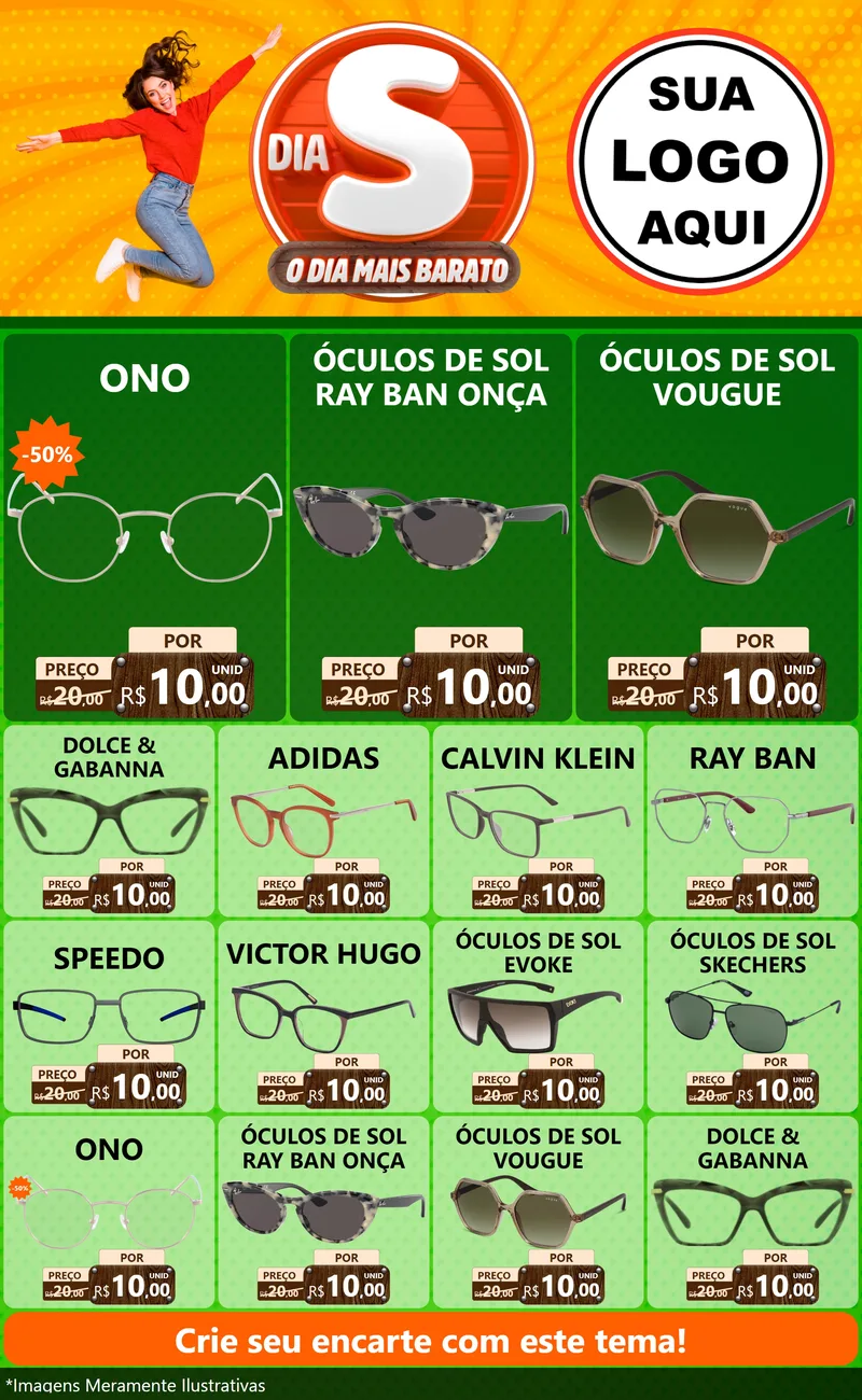 Modelo de Encarte para Encarte Grande com o tema Dia S - O Dia Mais Barato para Óticas