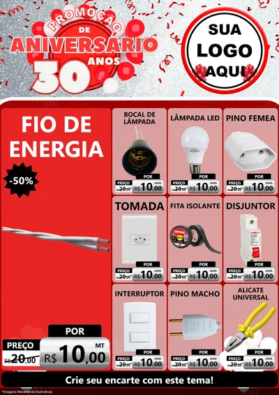 Modelo de Encarte para Encarte A4 Vertical com o tema Promoção de Aniversário - 30 Anos para Materiais Elétricos