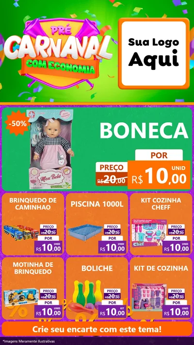 Modelo de Rede Social para Stories com o tema Pré-Carnaval Com Economia para Brinquedos