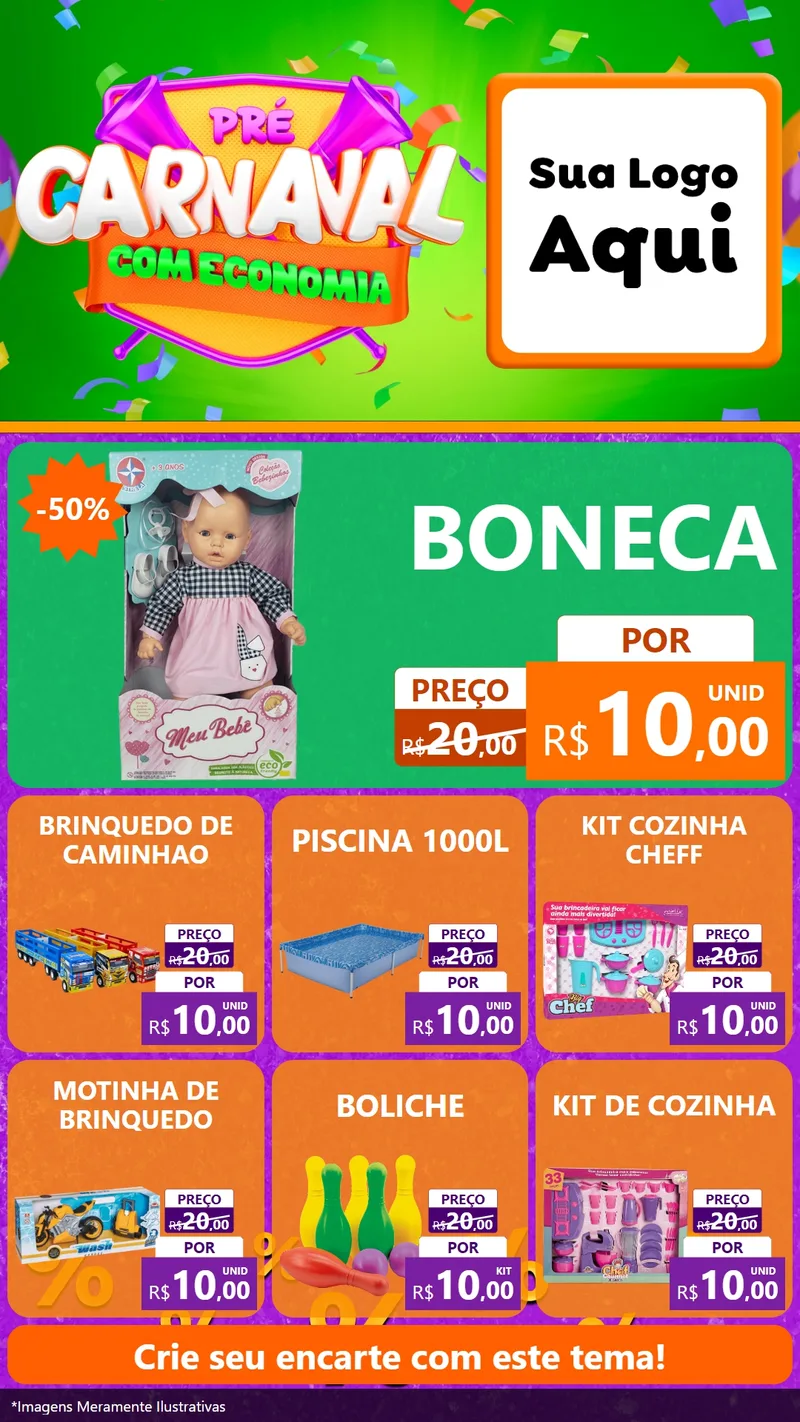 Modelo de Rede Social para Stories com o tema Pré-Carnaval Com Economia para Brinquedos