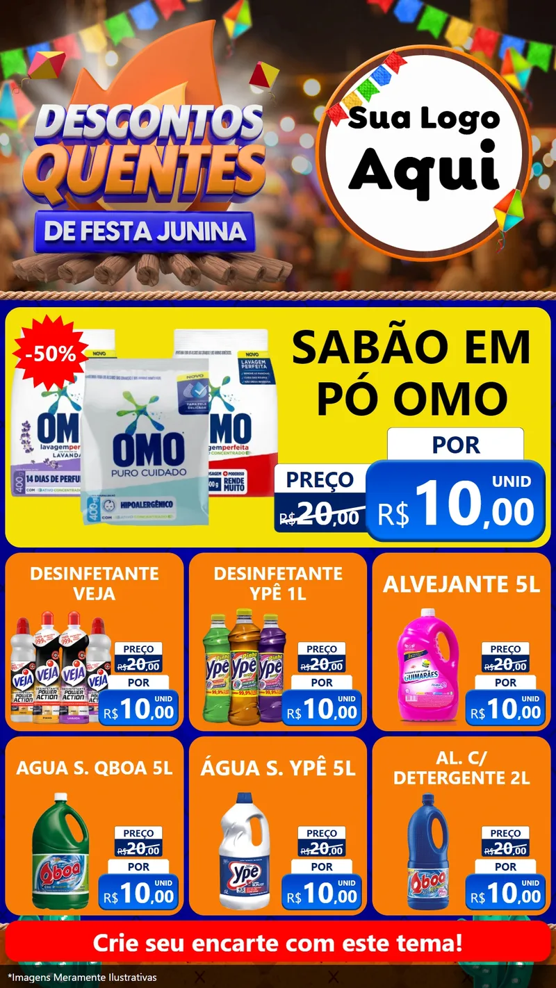 Modelo de Rede Social para Stories com o tema Descontos Quentes de Festa Junina para Produtos de Limpeza