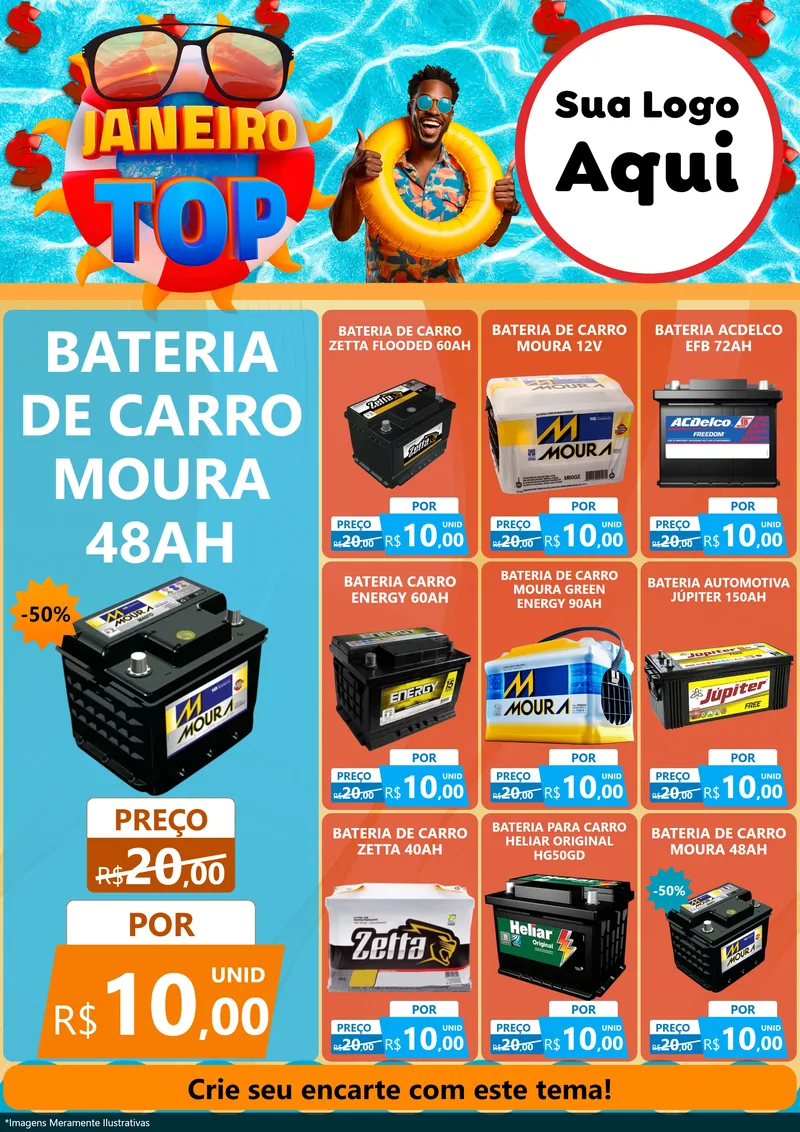 Modelo de Encarte para Encarte A4 Vertical com o tema Janeiro Top para Baterias Elétricas