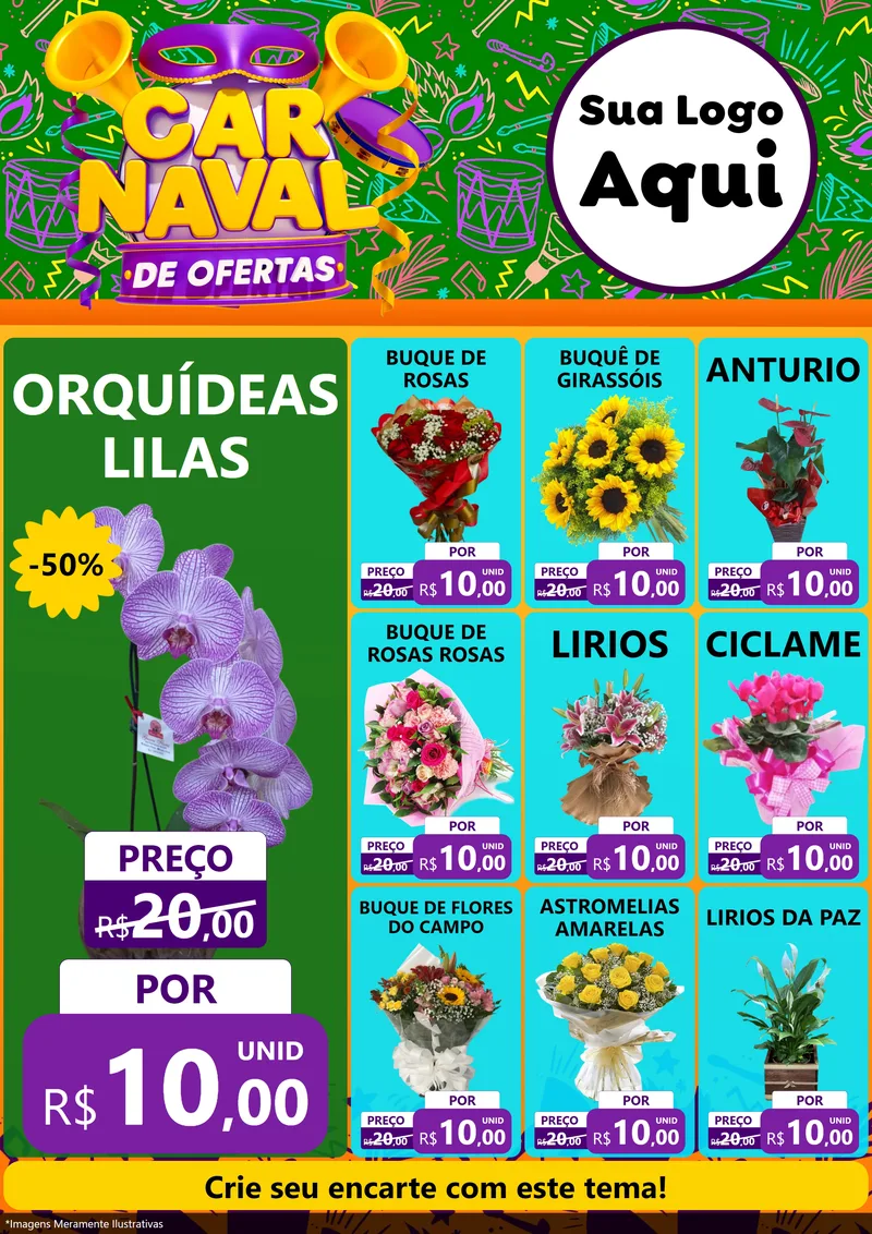 Modelo de Encarte para Encarte A4 Vertical com o tema Carnaval de Ofertas para Floricultura e jardim