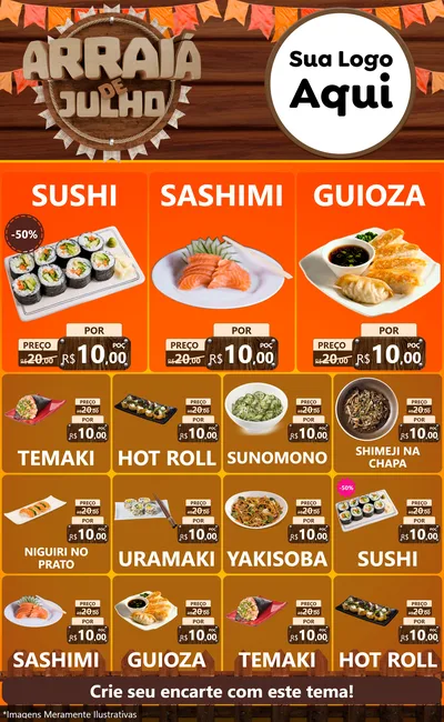 Modelo de Encarte para Encarte Grande com o tema Arraiá de Julho - Junina para Comida japonesa