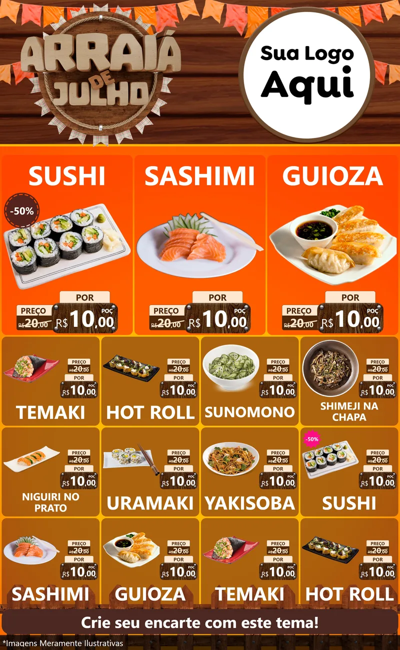 Modelo de Encarte para Encarte Grande com o tema Arraiá de Julho - Junina para Comida japonesa
