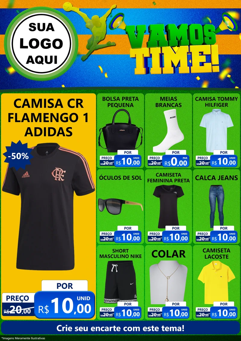 Modelo de Encarte para Encarte A4 Vertical com o tema Vamos Time! para Roupas e acessórios
