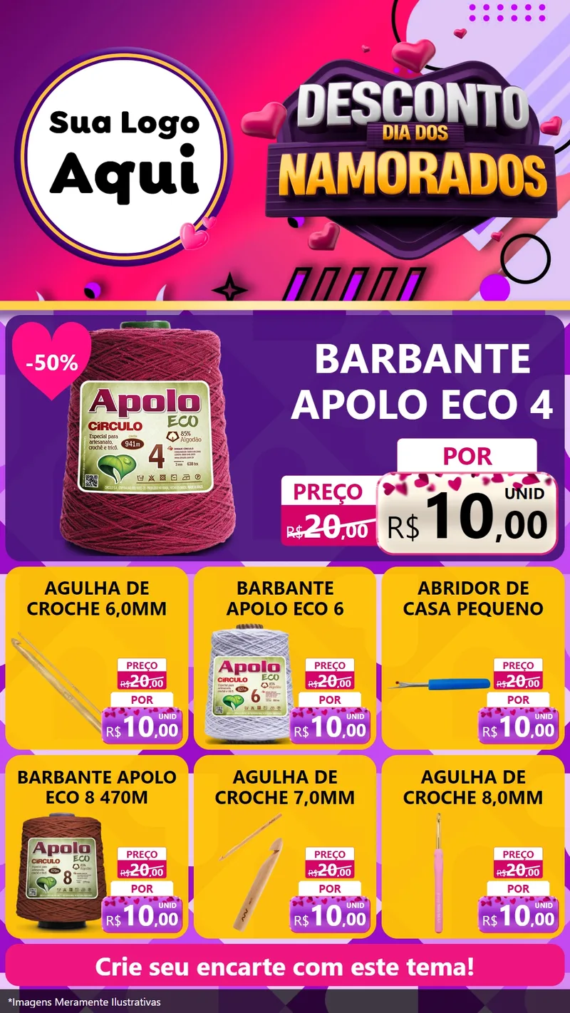 Modelo de Rede Social para Stories com o tema Desconto Dia dos Namorados para Armarinho e Aviamentos