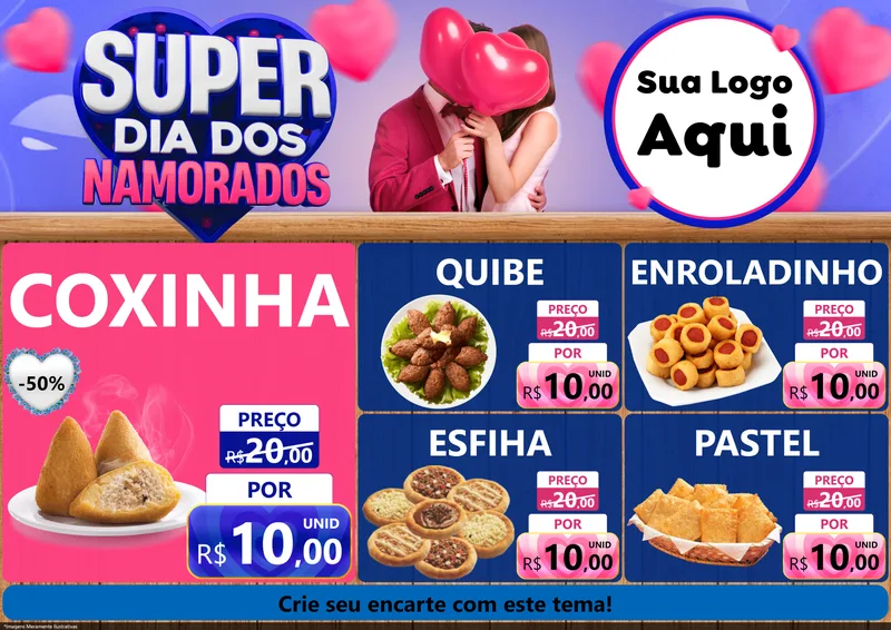 Modelo de Encarte para Encarte A4 Horizontal com o tema Super Dia dos Namorados para Salgadaria