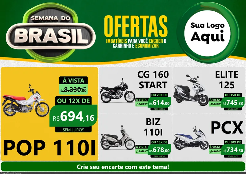 Modelo de Encarte para Encarte A4 Horizontal com o tema Semana do Brasil para Concessionaria de Motos
