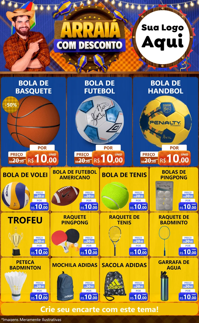 Modelo de Encarte para Encarte Grande com o tema Arraiá Com Desconto para Artigos Esportivos