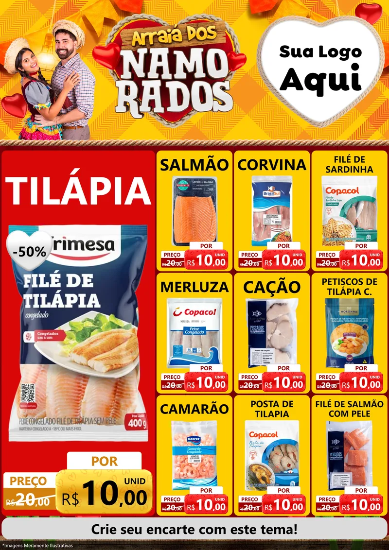 Modelo de Encarte para Encarte A4 Vertical com o tema Arraiá dos Namorados para Peixaria