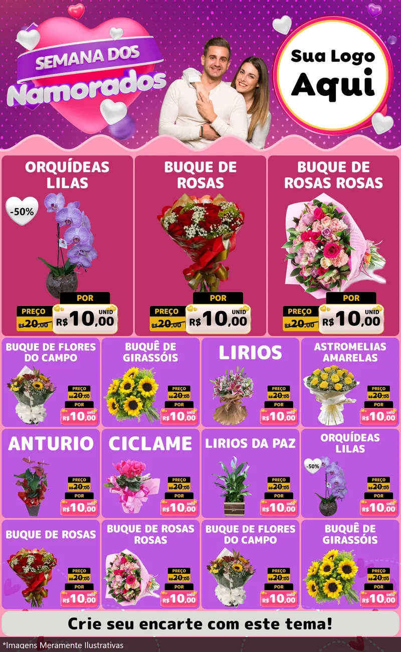 Modelo de Encarte para Encarte Grande com o tema Semana dos Namorados para Floricultura e jardim