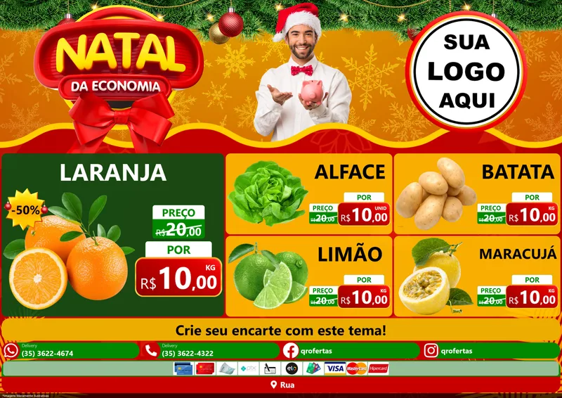 Modelo de Encarte para Encarte A4 Horizontal com o tema Natal da Economia para Hortifrúti