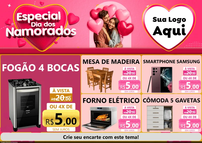 Modelo de Encarte para Encarte A4 Horizontal com o tema Especial Dia dos Namorados para Móveis e Eletro