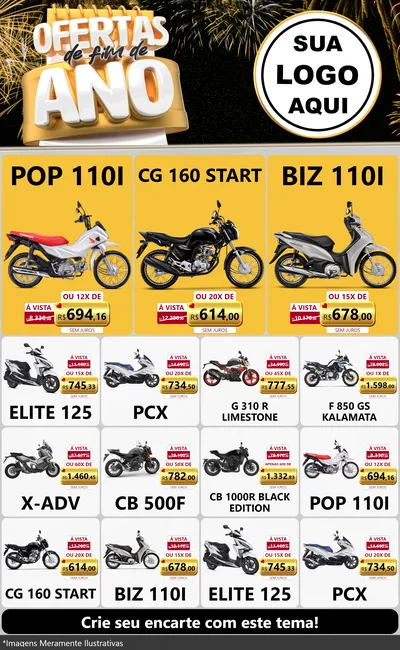 Modelo de Encarte para Encarte Grande com o tema Ofertas de Fim de Ano para Concessionaria de Motos