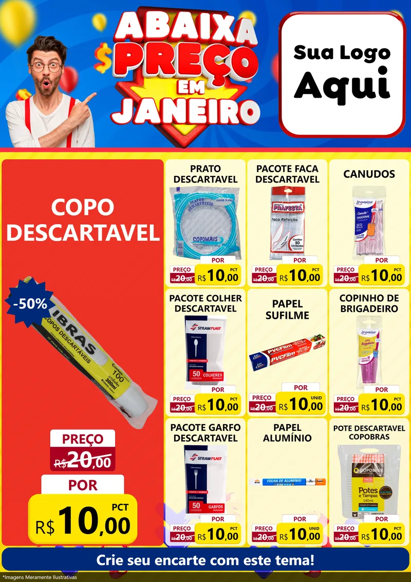 Modelo de Encarte para Encarte A4 Vertical com o tema Abaixa Preço em Janeiro para Embalagens