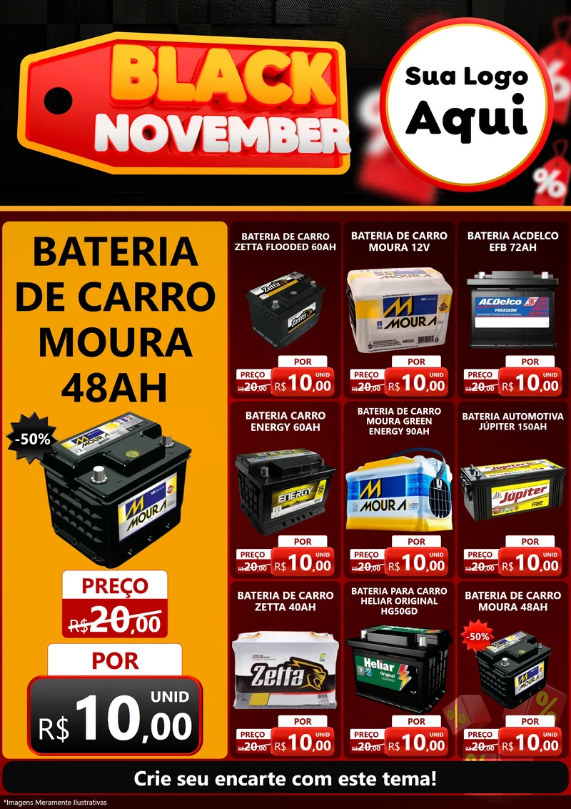 Modelo de Encarte para Encarte A4 Vertical com o tema Black November para Baterias Elétricas